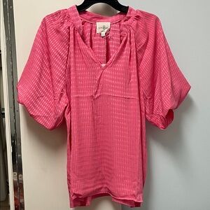 Umgee Bright Pink Puff Sleeve V-Neck Blouse